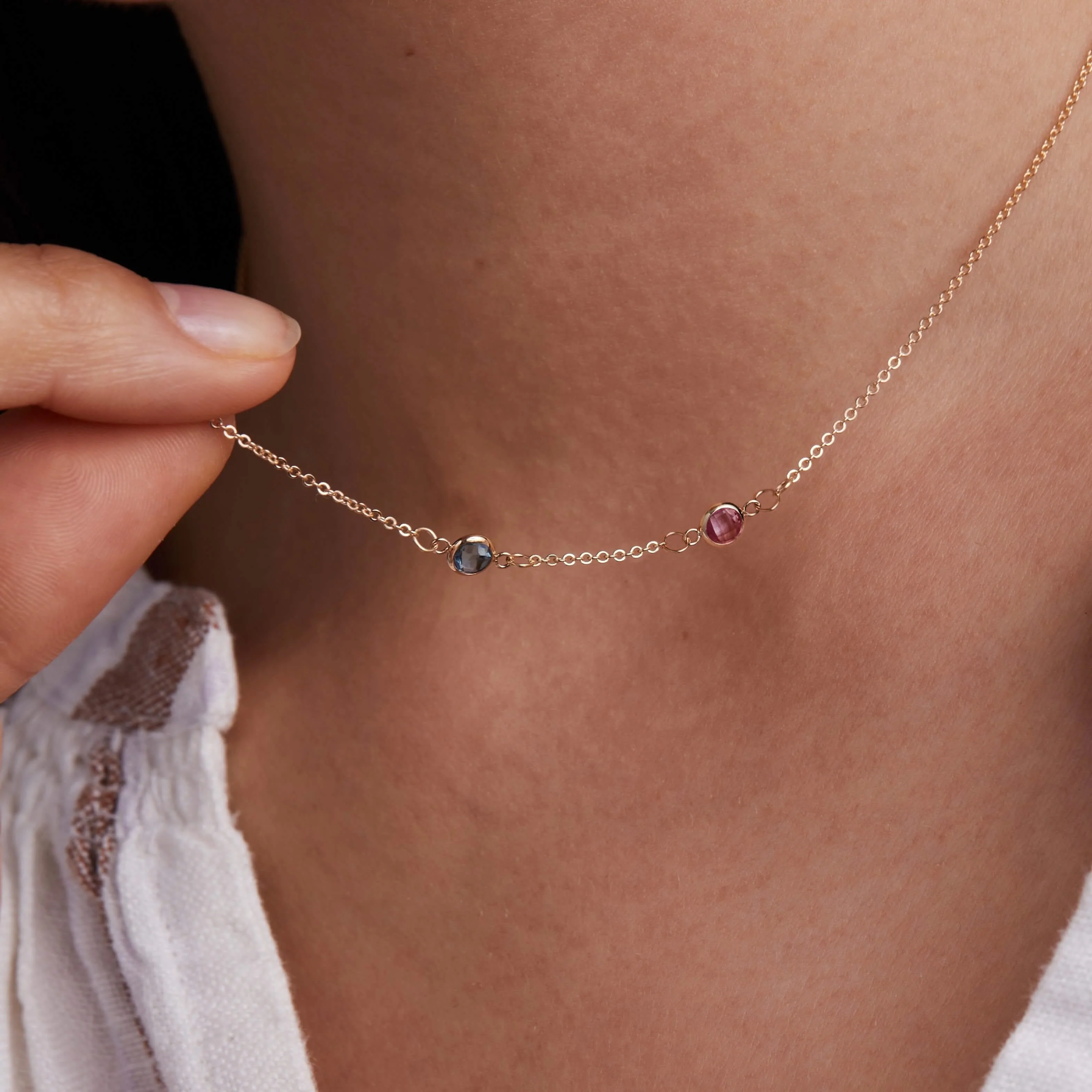 Petite 2 Birthstone Necklace in 14k Gold - Image 3