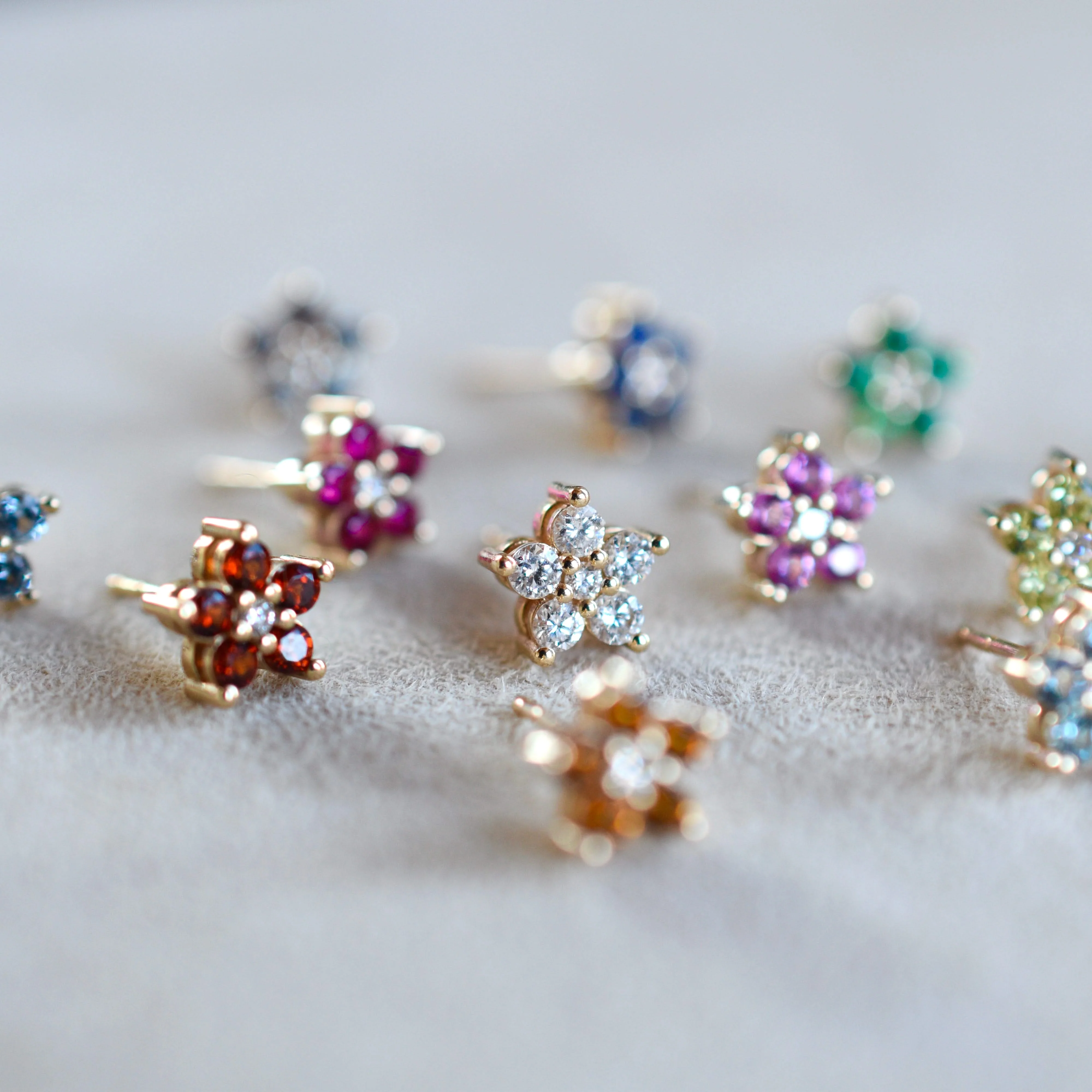 Greenwich Mini Flower Birthstone & Diamond Earrings in 14k Gold - Image 11