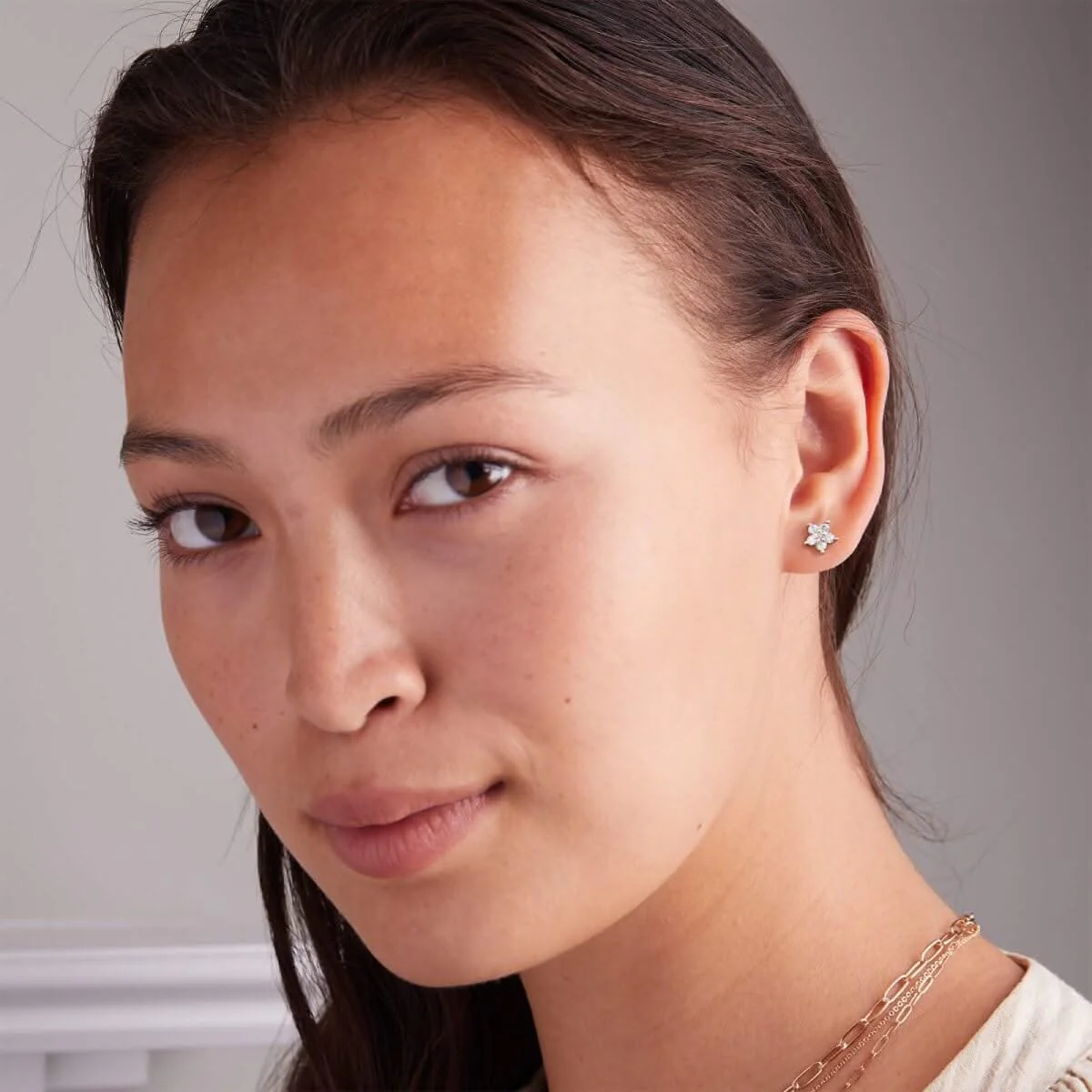 Greenwich Mini Flower Birthstone & Diamond Earrings in 14k Gold - Image 13