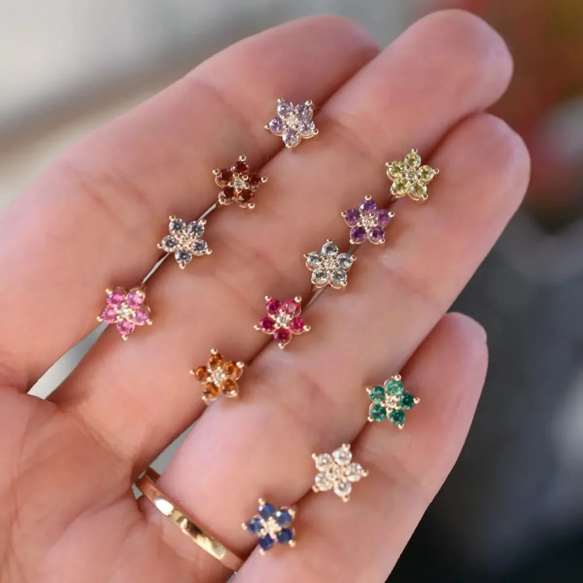 Greenwich Mini Flower Birthstone & Diamond Earrings in 14k Gold - Image 3