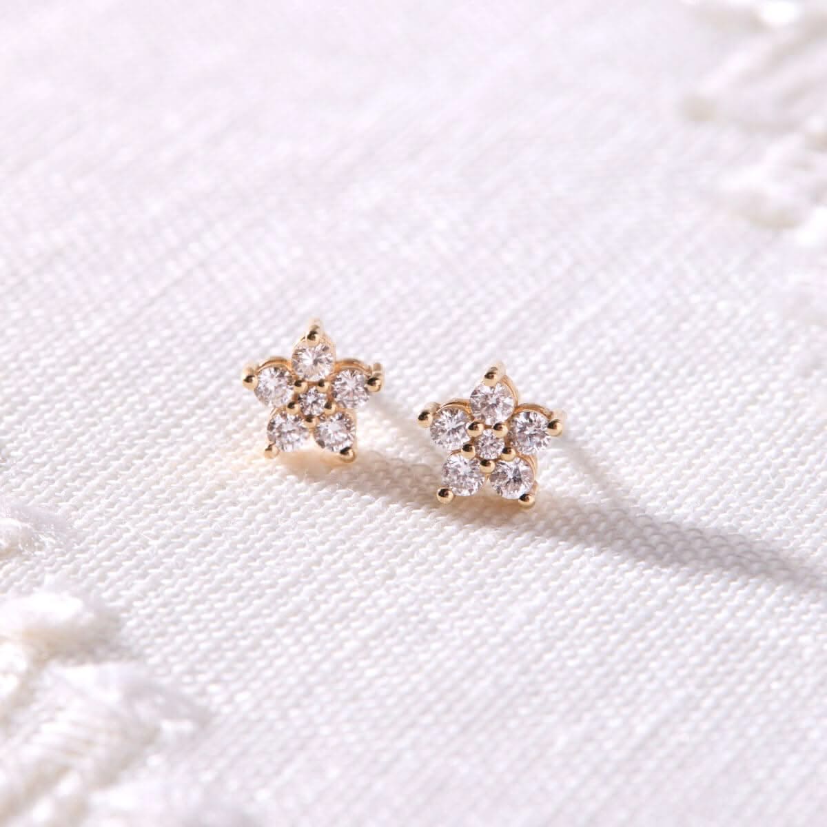 Greenwich Mini Flower Birthstone & Diamond Earrings in 14k Gold - Image 8