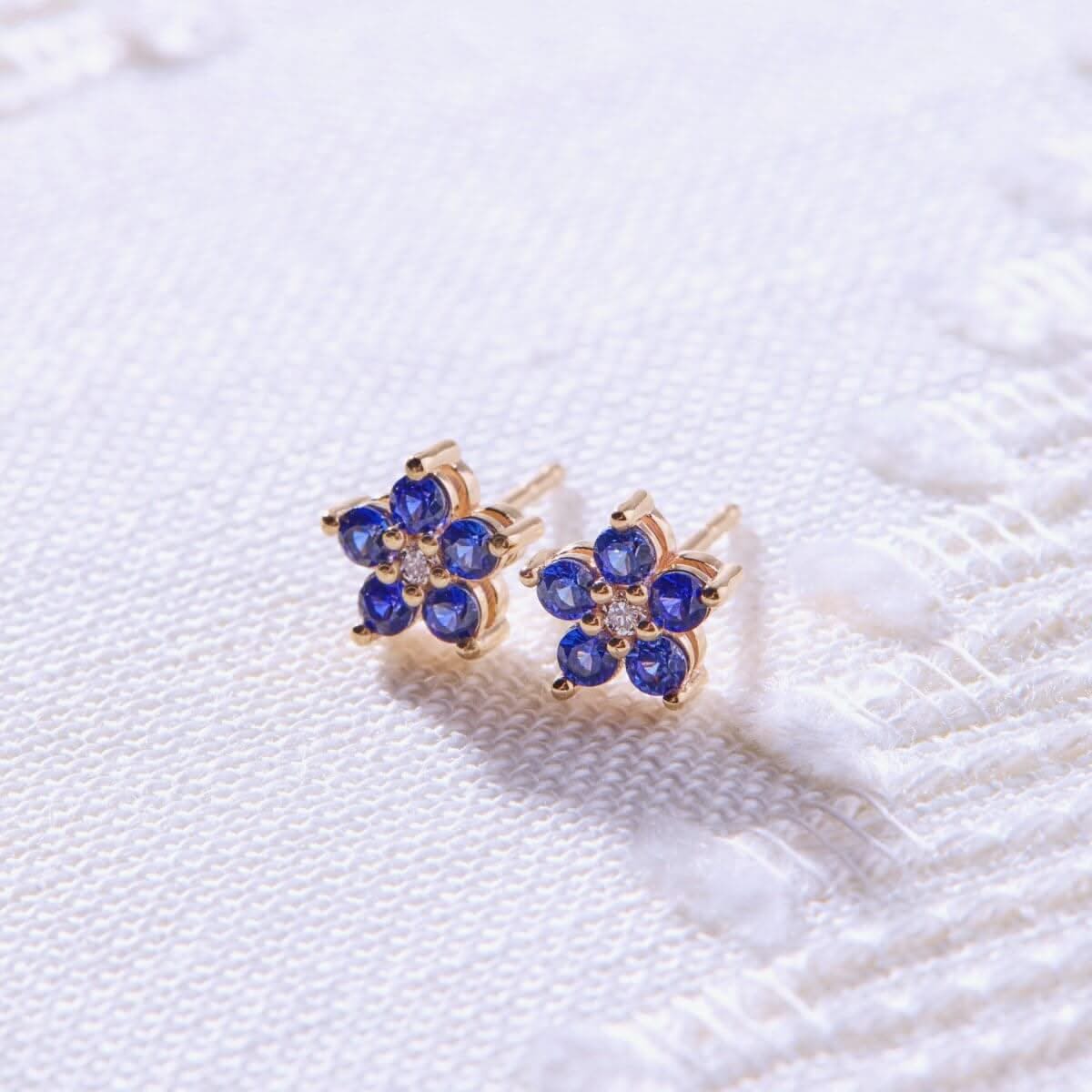 Greenwich Mini Flower Birthstone & Diamond Earrings in 14k Gold - Image 9